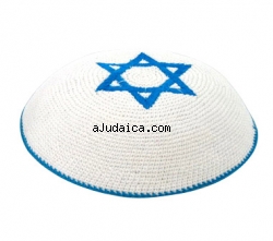White Knitted Kippah with center Blue Magen David by aJudaica